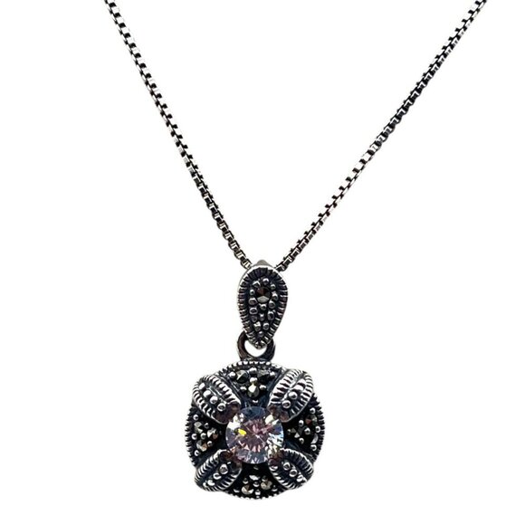 Sterling Silver CZ‎ Marcasite Circle Pendant Necklace and Earrings Set Romantic - Picture 2 of 7